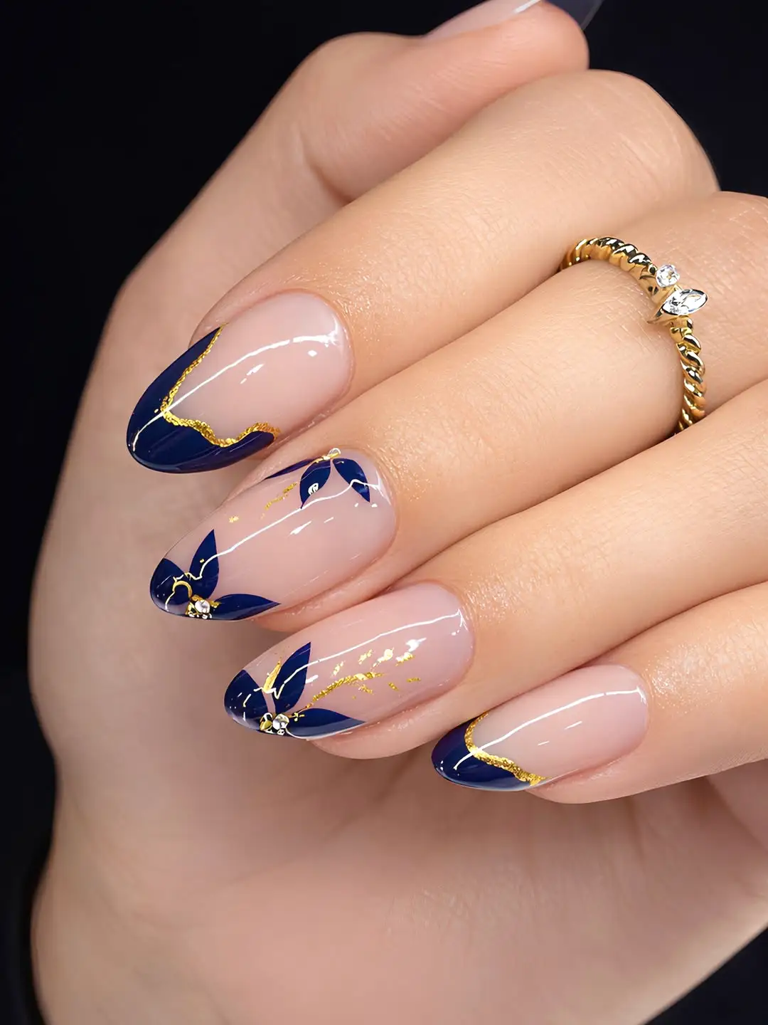 Navy and Gold Line Nails