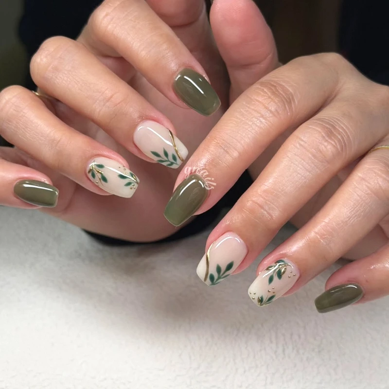 Sage and Olive Green Cream Nails